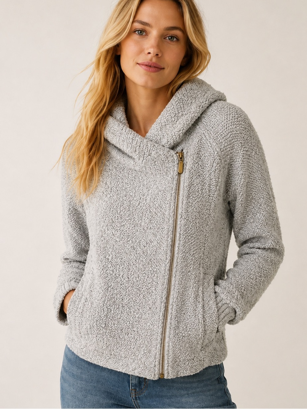 Lucky Brand Women’s Small Gray Knit Asymmetrical Zip Hooded Jacket
